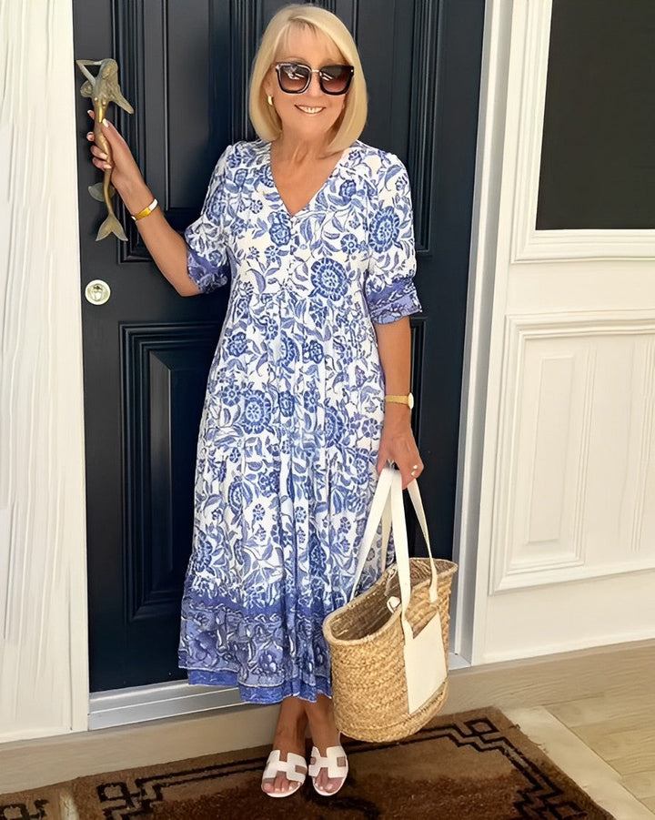 PATRICIA | GRACEFUL FLORAL V-NECK MIDI DRESS