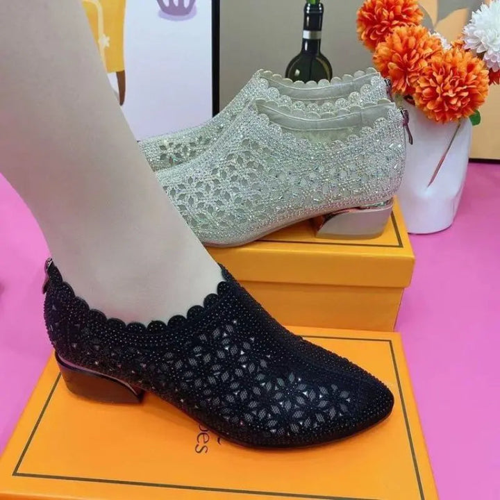 ROWENA | CRYSTAL LACE SCALLOP TRIM BLOCK HEEL SHOES