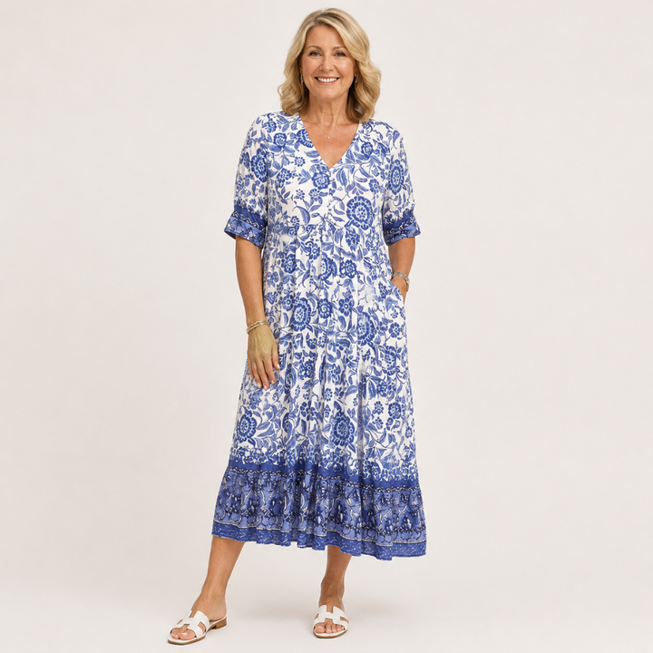 PATRICIA | GRACEFUL FLORAL V-NECK MIDI DRESS