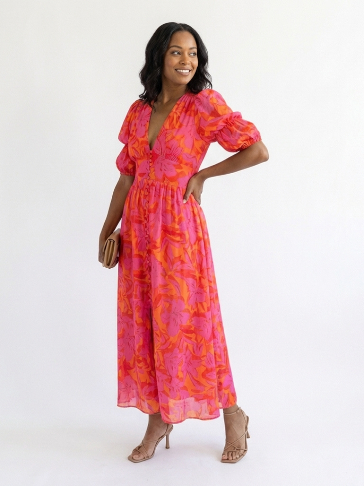 VALERIE | FLORAL PUFF SLEEVE MIDI DRESS