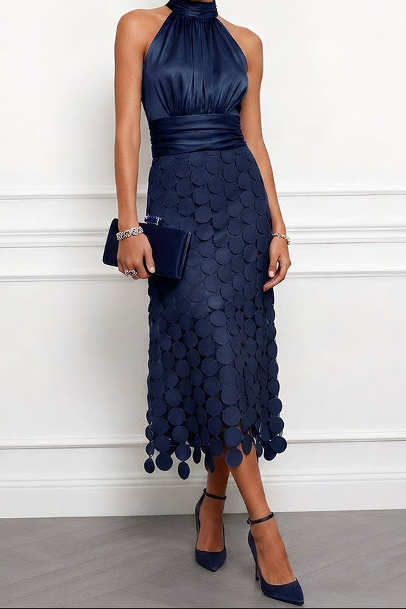 Vienna Halter Satin Occasion Dress - Navy Blue