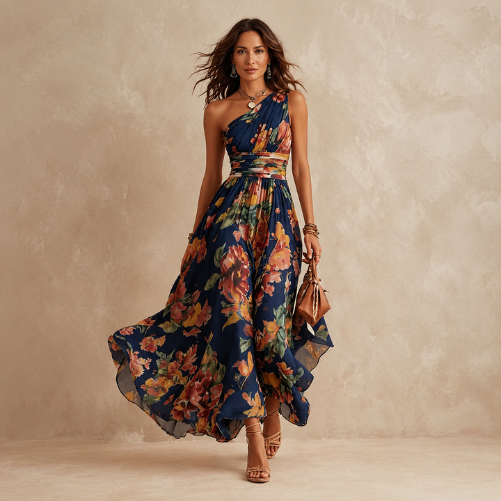 Ophelia One-Shoulder Floral Maxi Dress - Navy