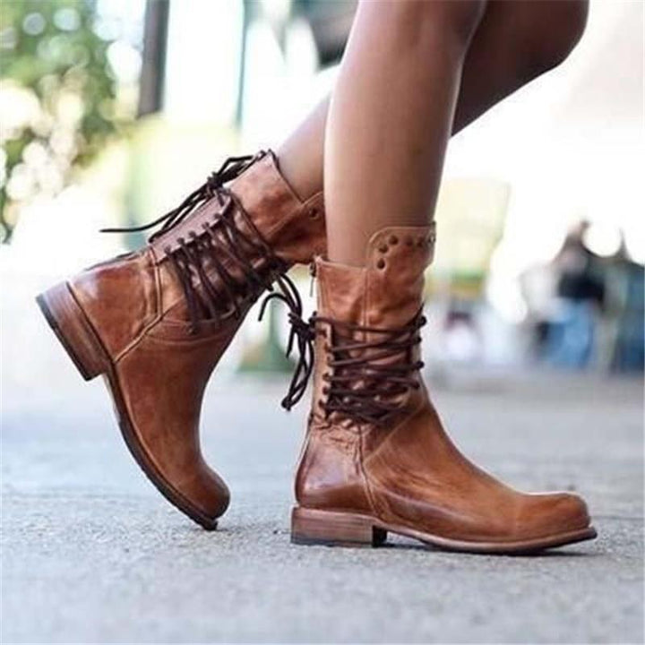 JOAN | VINTAGE LACE-UP STUDDED MID-CALF BOOTS