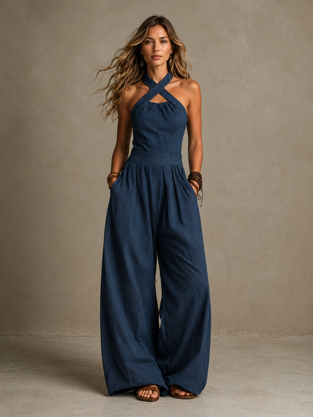 Serena Crossover Neckline Jumpsuit - Navy Blue