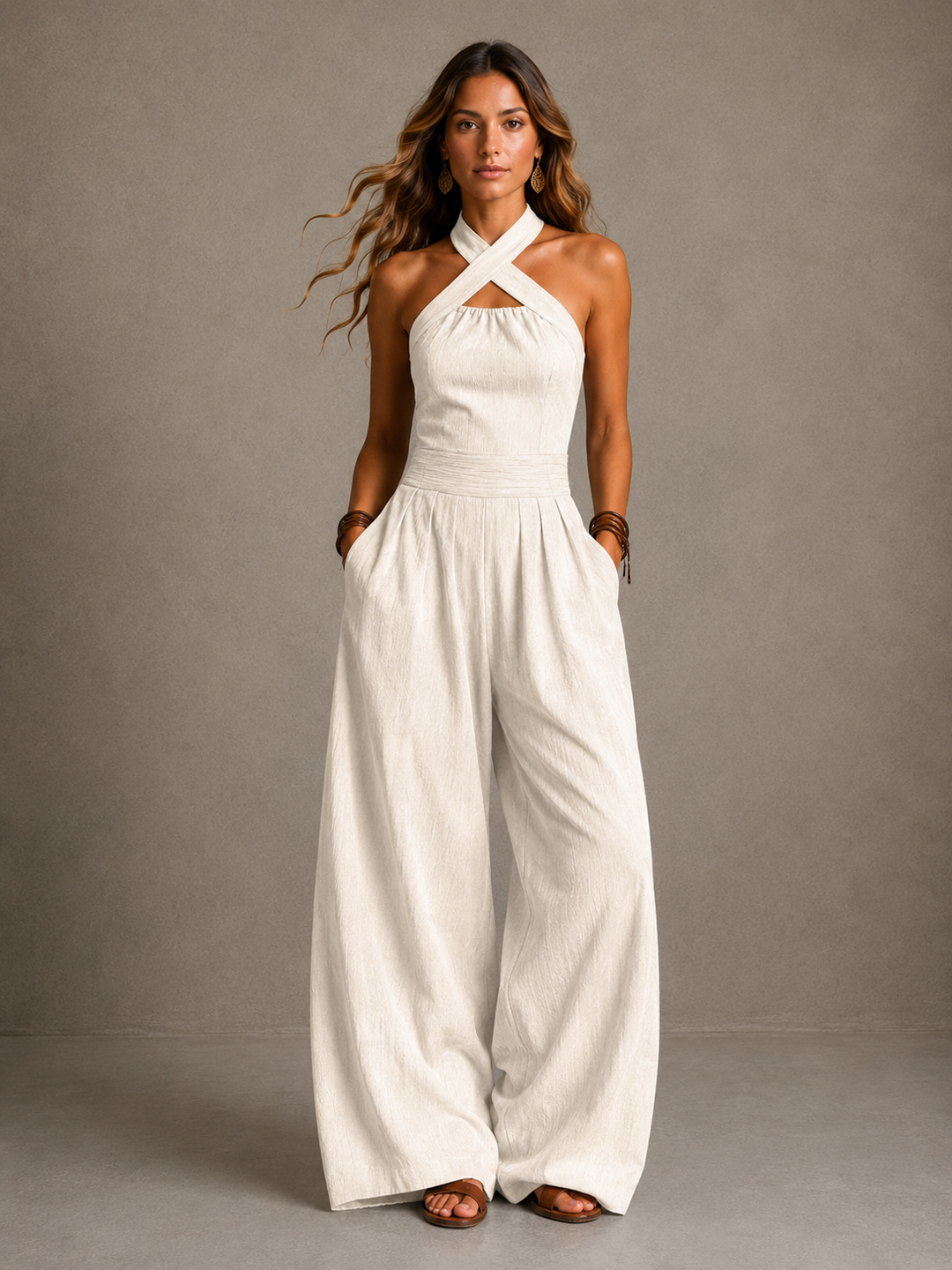 Serena Crossover Neckline Jumpsuit - Beige