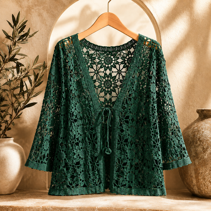 Rosalind Floral Crochet Shawl Cardigan - Green
