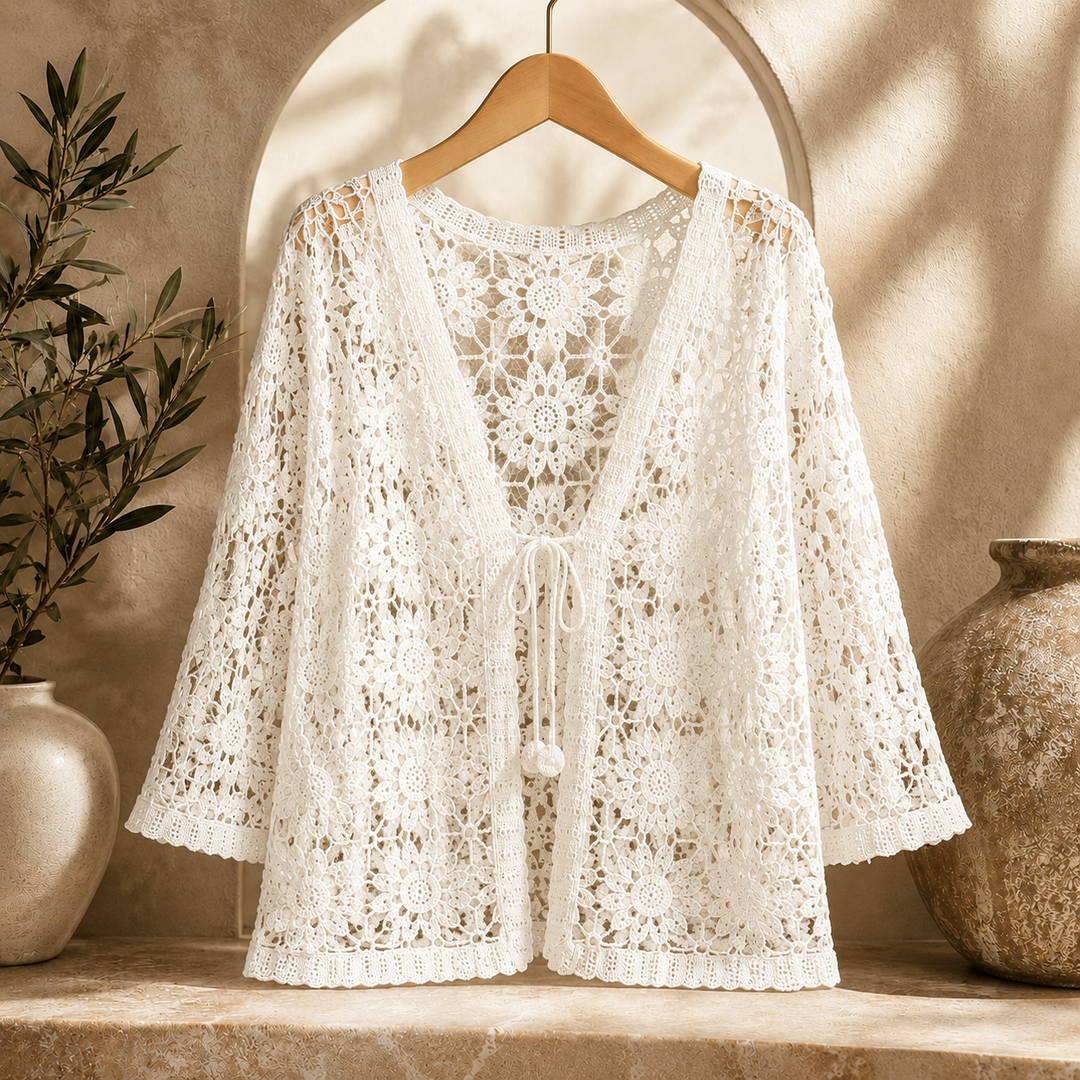 Rosalind Floral Crochet Shawl Cardigan - White
