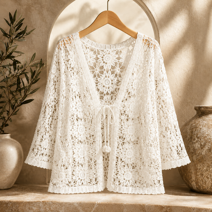 Rosalind Floral Crochet Shawl Cardigan - White