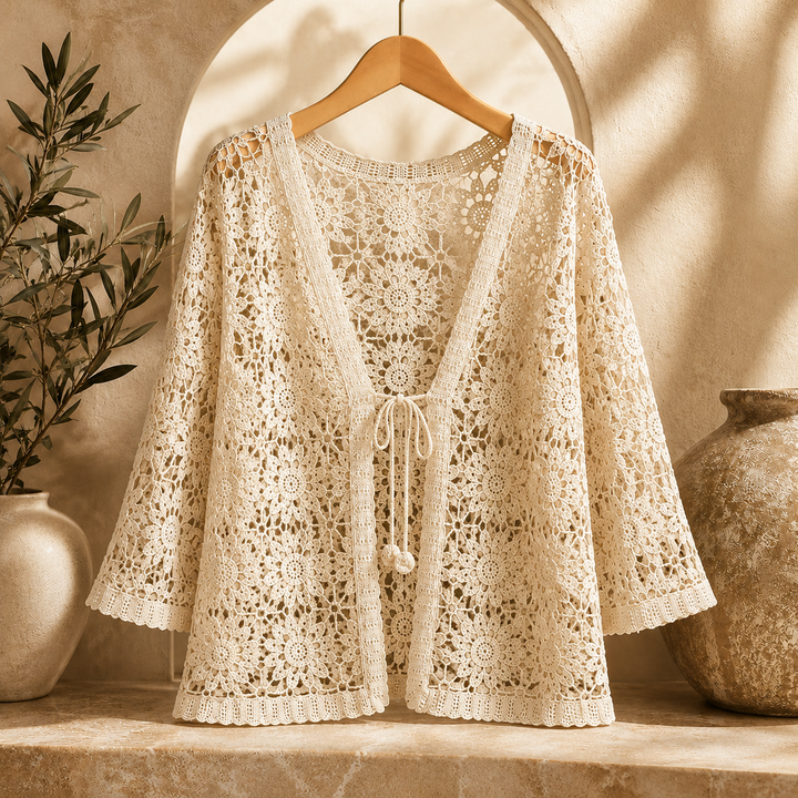 Rosalind Floral Crochet Shawl Cardigan - Beige