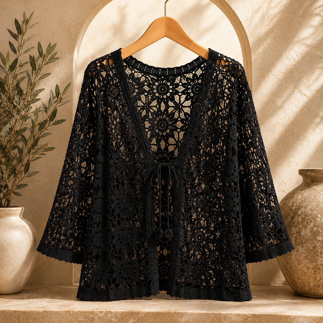 Rosalind Floral Crochet Shawl Cardigan - Black