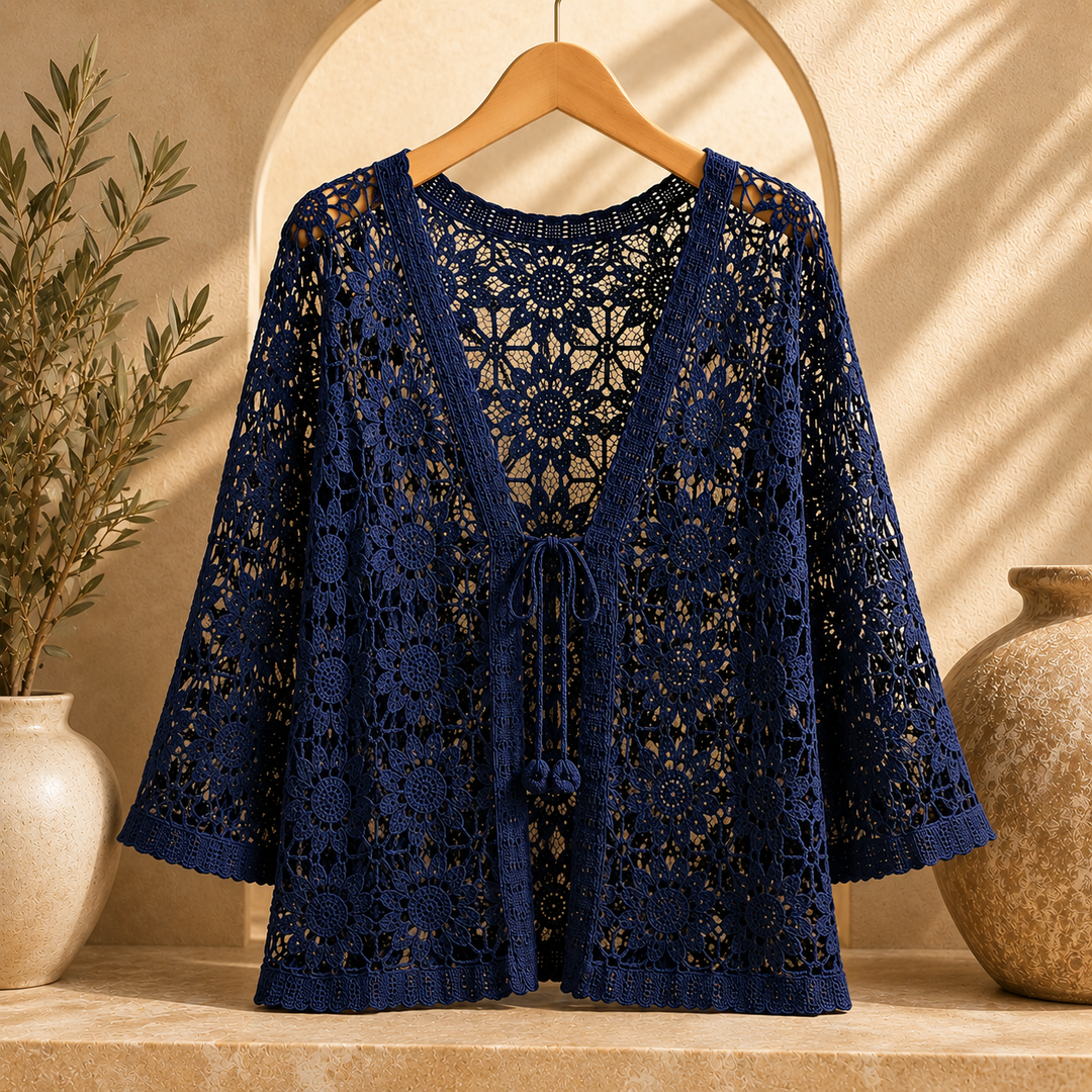 Rosalind Floral Crochet Shawl Cardigan - Navy Blue