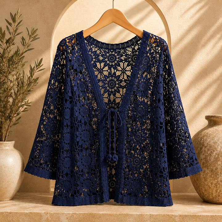 Rosalind Floral Crochet Shawl Cardigan - Navy Blue