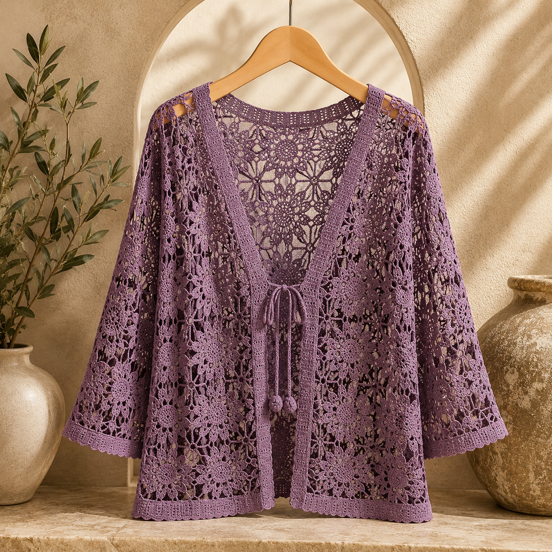 Rosalind Floral Crochet Shawl Cardigan - Purple