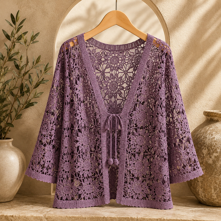 Rosalind Floral Crochet Shawl Cardigan - Purple