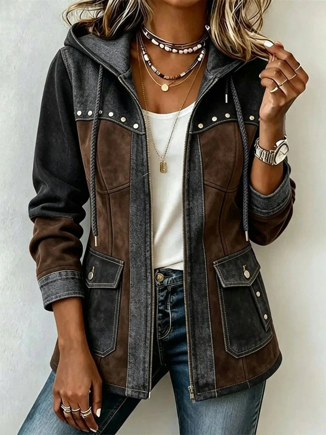 Adeline Patchwork Hooded Jacket - Dark Grey/Brown