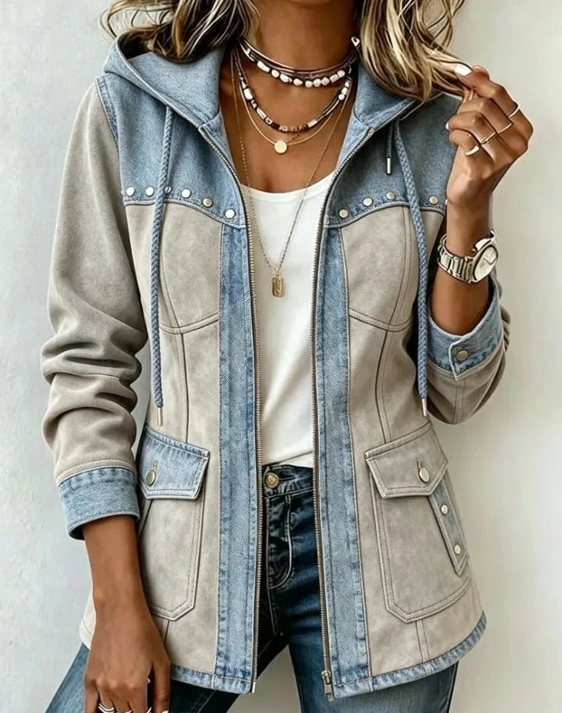 Adeline Patchwork Hooded Jacket - Grey/Light Blue