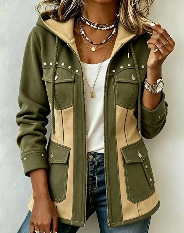 Adeline Patchwork Hooded Jacket - Olive/Beige