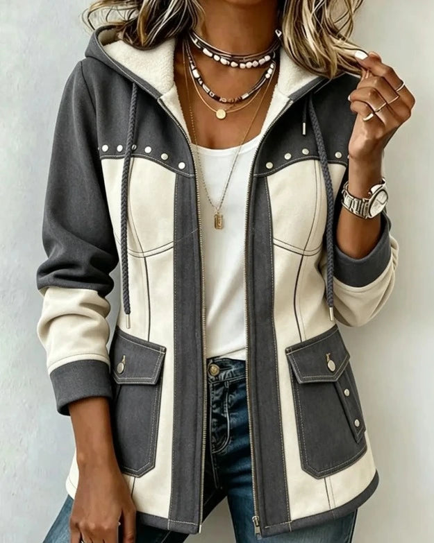 Adeline Patchwork Hooded Jacket - Dark Grey/White