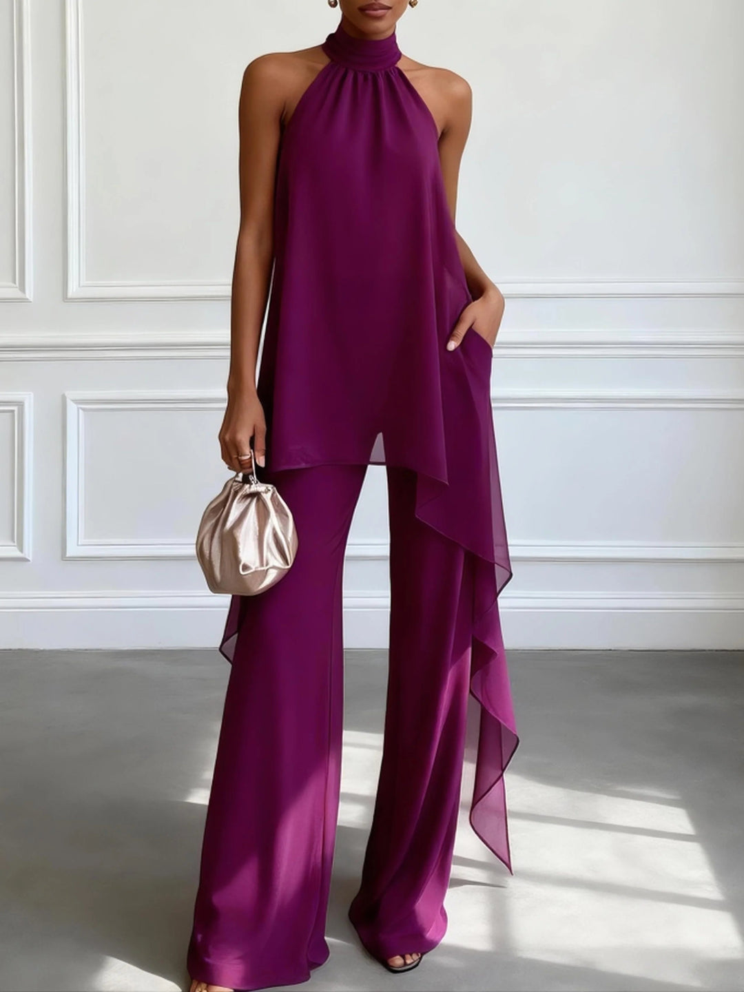 Marisela Asymmetric Halter Two-Piece Set - Purple