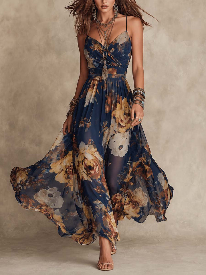 Isadora Painterly Floral Maxi Dress - Navy
