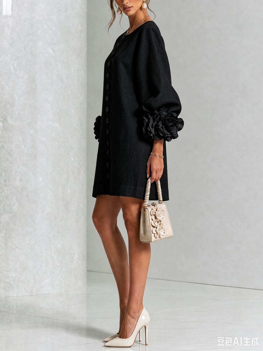 Odette Rosette Cuff Shift Dress - Black