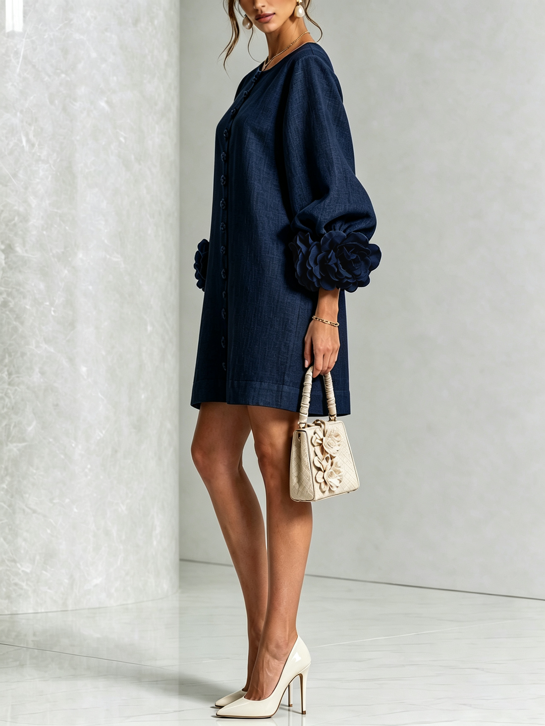Odette Rosette Cuff Shift Dress - Blue
