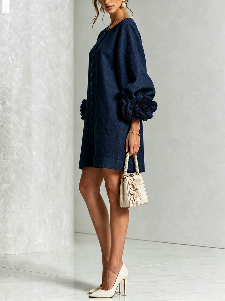Odette Rosette Cuff Shift Dress - Blue