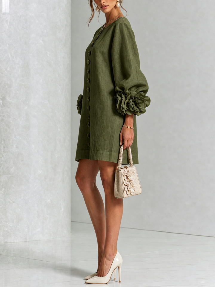 Odette Rosette Cuff Shift Dress - Green