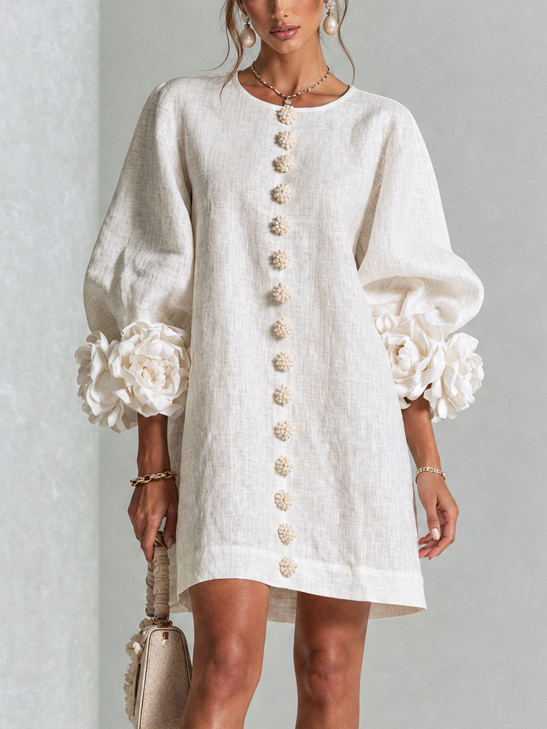 Odette Rosette Cuff Shift Dress - White