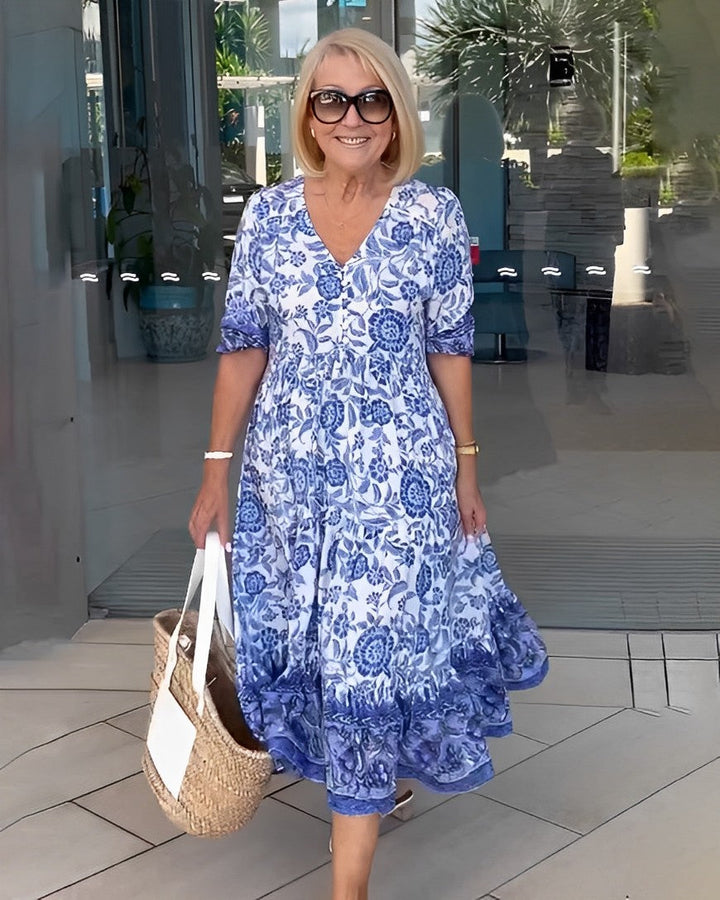 PATRICIA | GRACEFUL FLORAL V-NECK MIDI DRESS