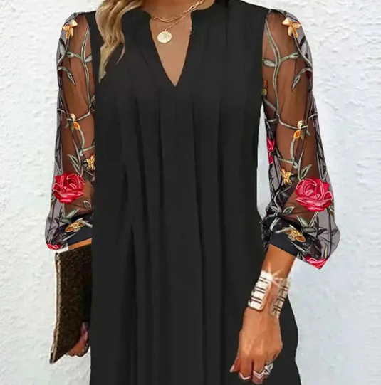 Éloise V-Neck Dress with Embroidered Tulle Sleeves - view 2