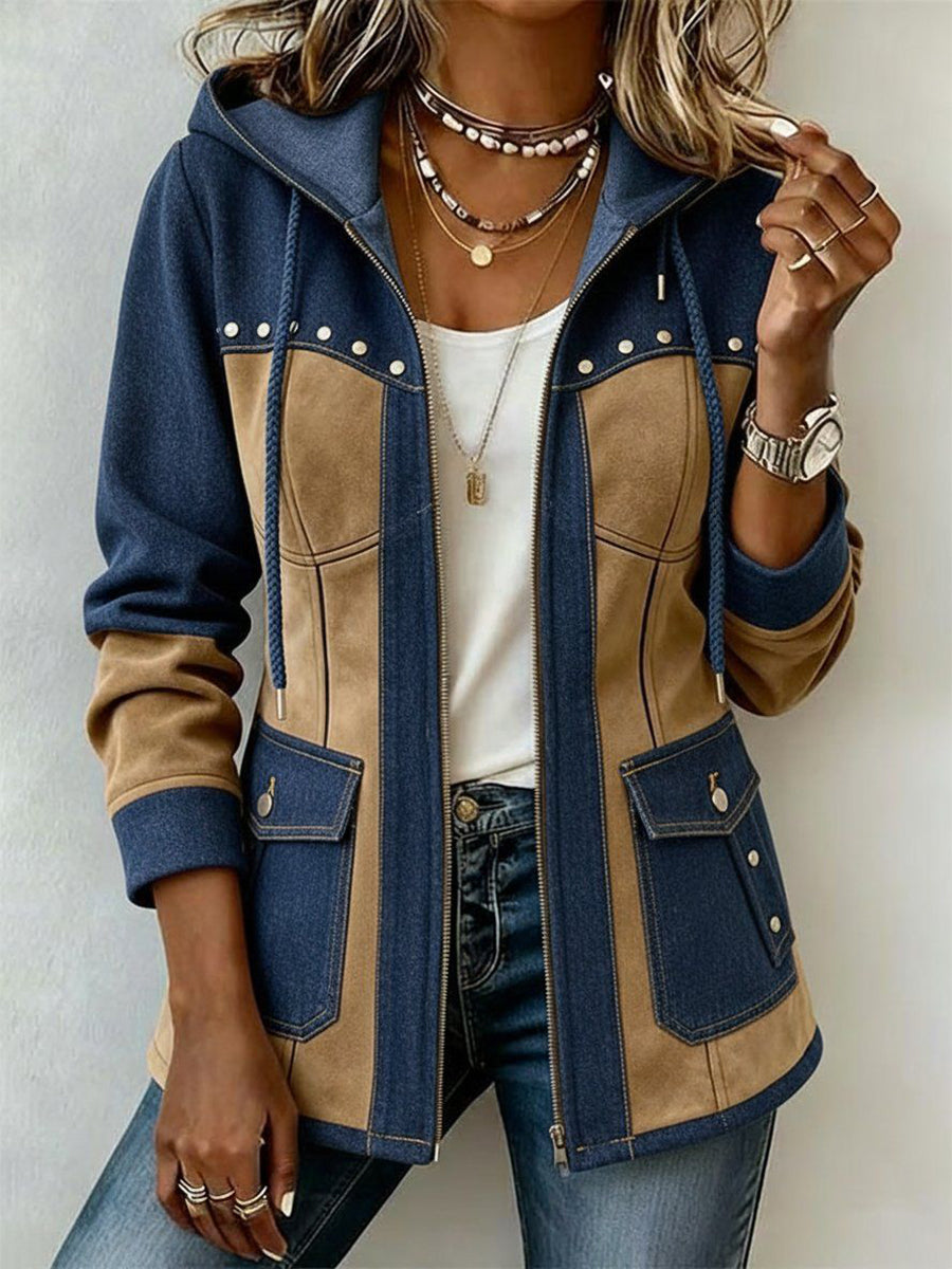 Adeline Patchwork Hooded Jacket - Blue/Beige